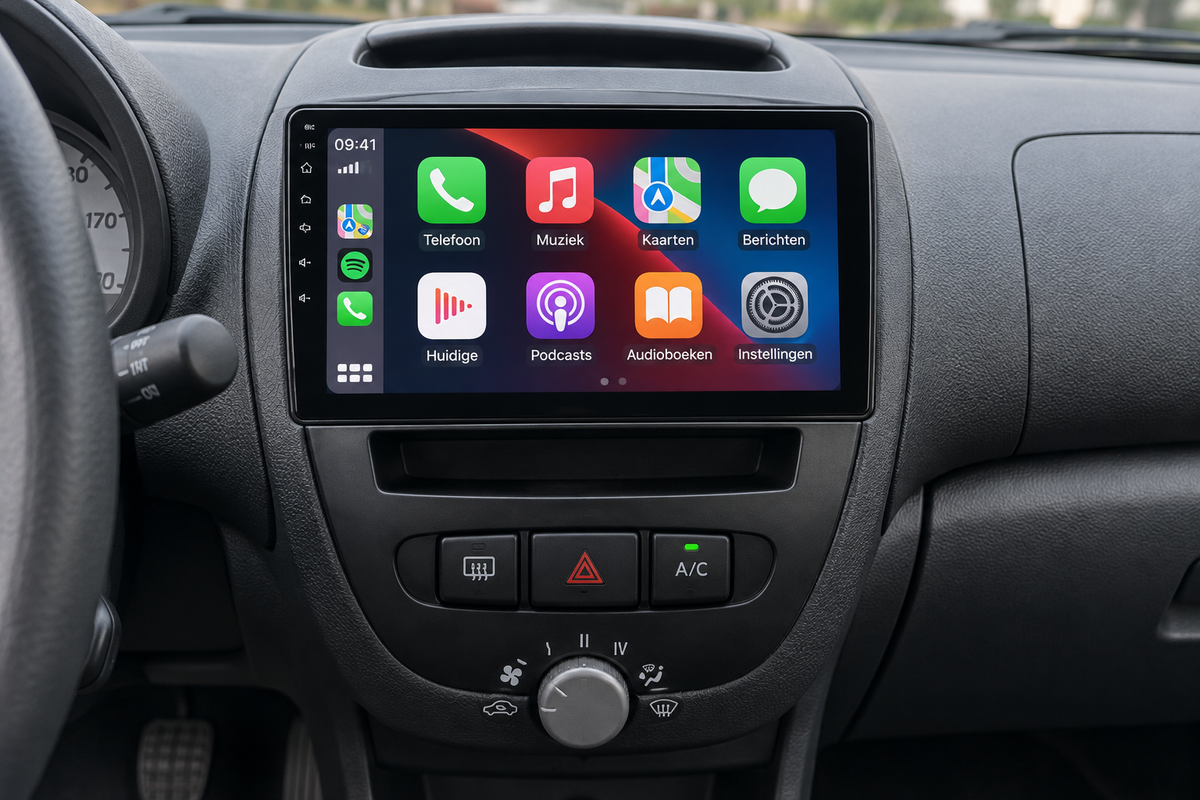 AI-visualisatie van een CarPlay-scherm ingebouwd in een stadsauto